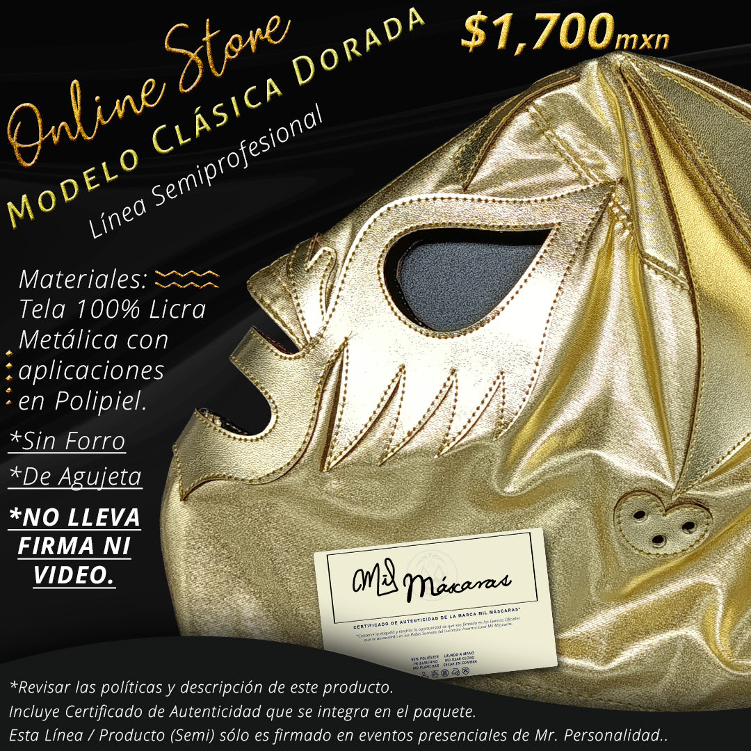 Máscara Modelo Clásica Dorada Metálica (Línea Semiprofesional)